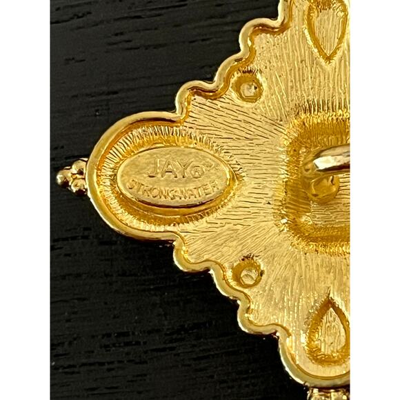 Jay Strongwater Signed Pendant Red Green Gold Tone Jewel Cross Brooch Vintage - Picture 5 of 6